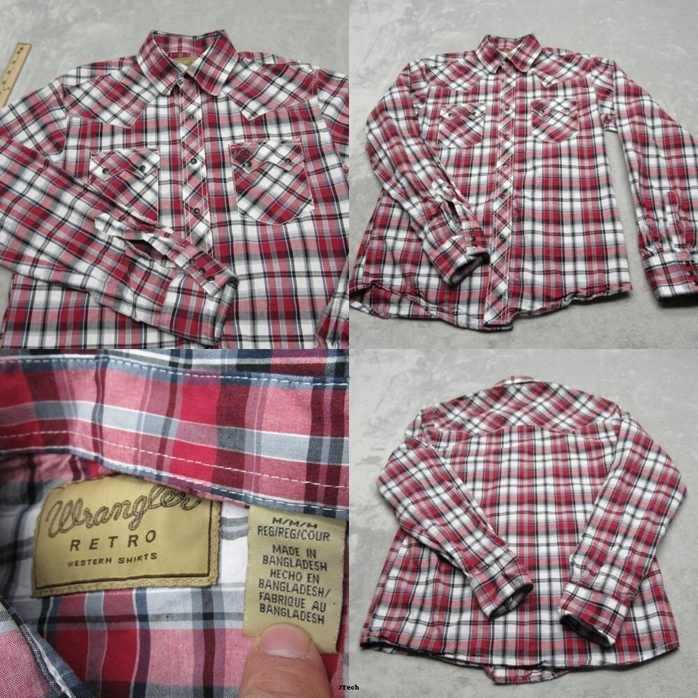 Wrangler Pearl Snap Shirt Mens Medium Red Plaid Long Sleeve Western Retro VTG